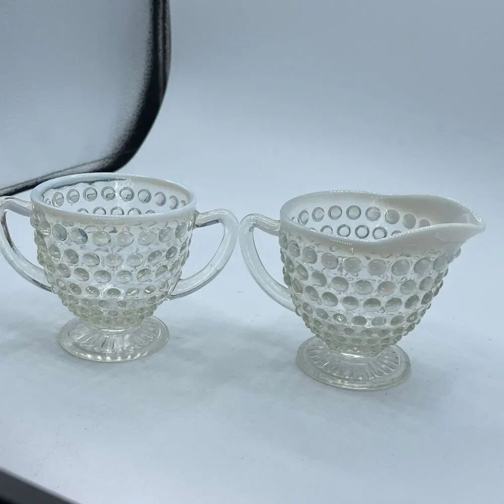 Vintage Anchor Hoking Moonstone Opalescent Hobnail Glass creamer & sugar